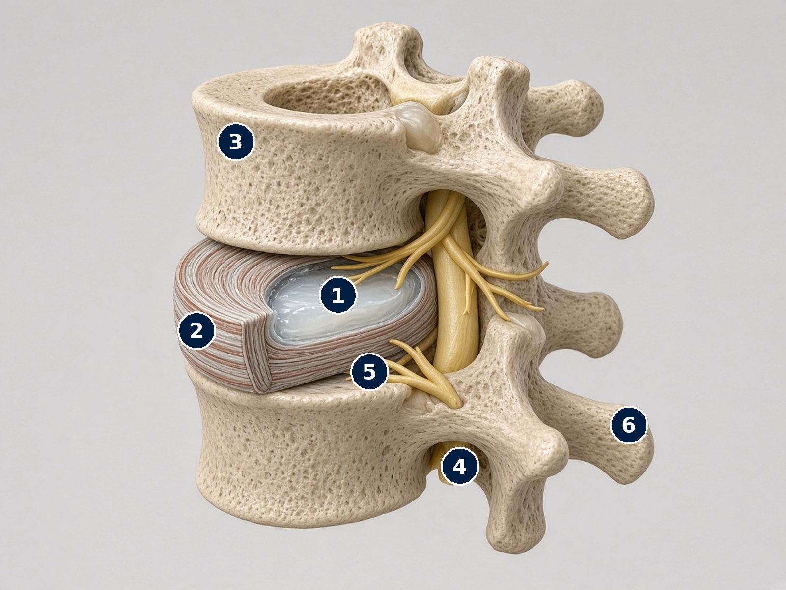 Due vertebre lombari con il disco intervertebrale: nucleo polposo, anello fibroso, sacco durale e radici nervose