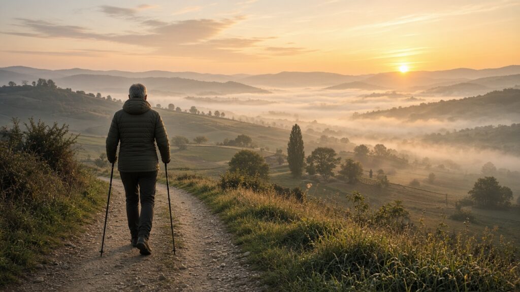 Persona che pratica Nordic walking con i bastoncini sulle colline all'alba