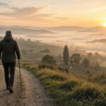 Persona che pratica Nordic walking con i bastoncini sulle colline all'alba