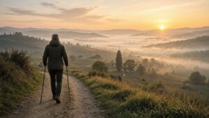 Persona che pratica Nordic walking con i bastoncini sulle colline all'alba