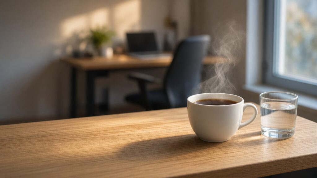 Pausa con una tazza di tè e un bicchiere d'acqua accanto alla scrivania