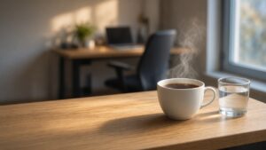 Pausa con una tazza di tè e un bicchiere d'acqua accanto alla scrivania