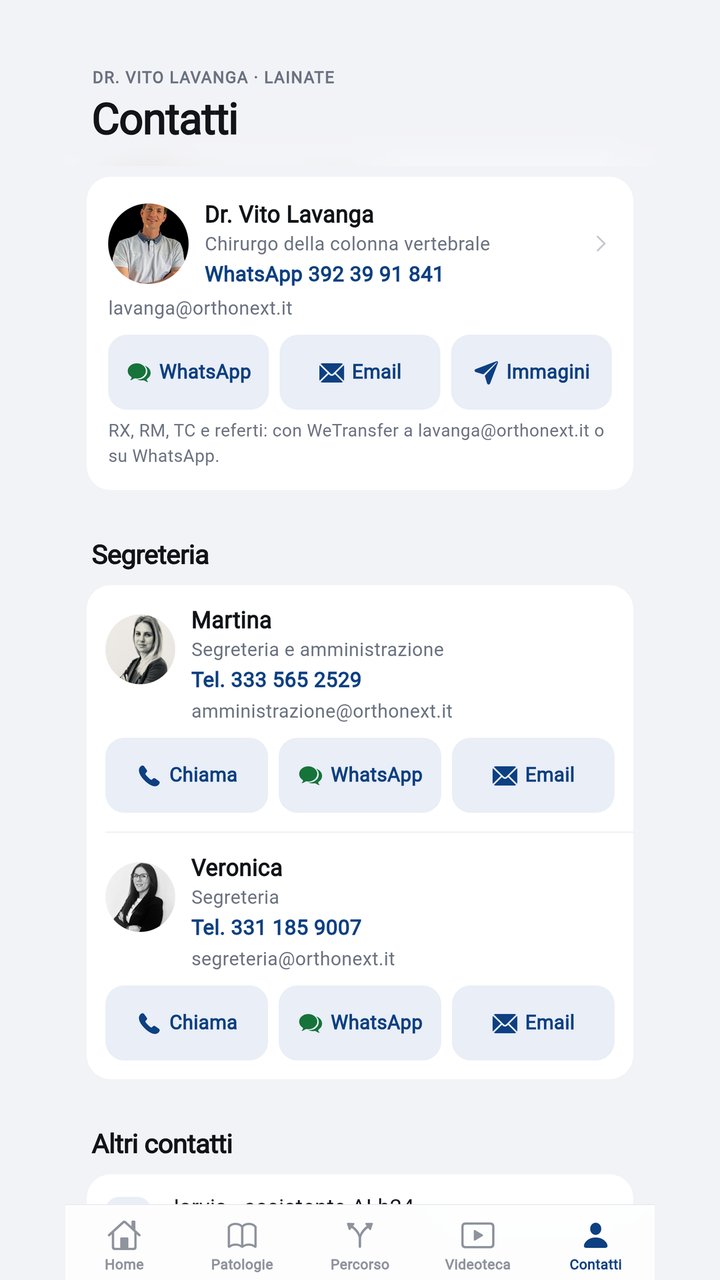 Schermata dell'app: Contatti e segreteria