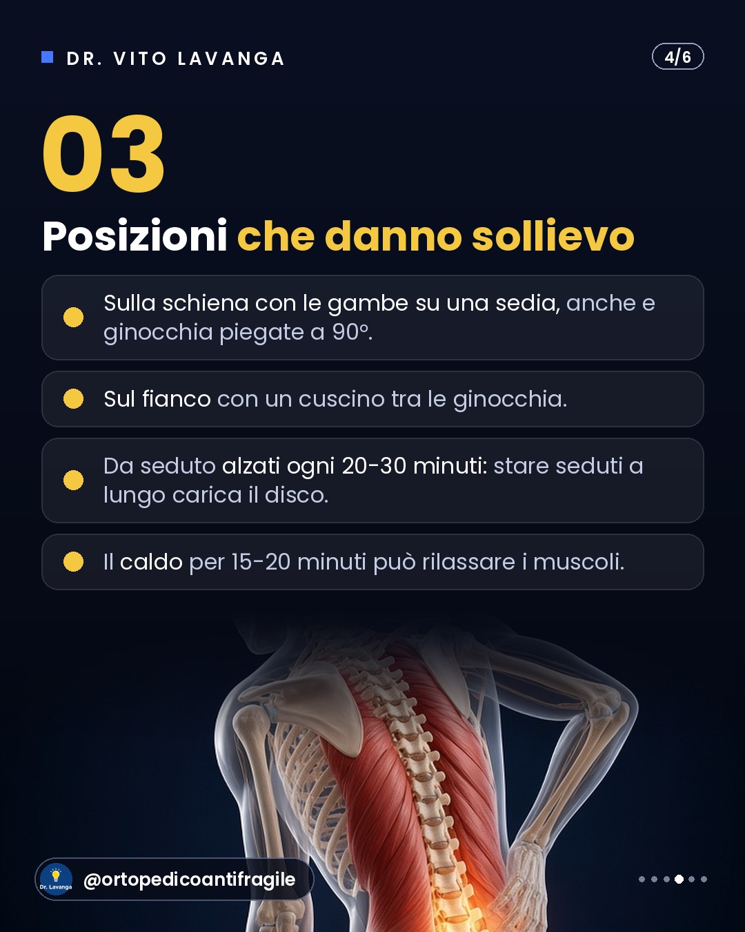 Infografica: posizioni che danno sollievo nella sciatica acuta, dal carosello del Dr. Lavanga